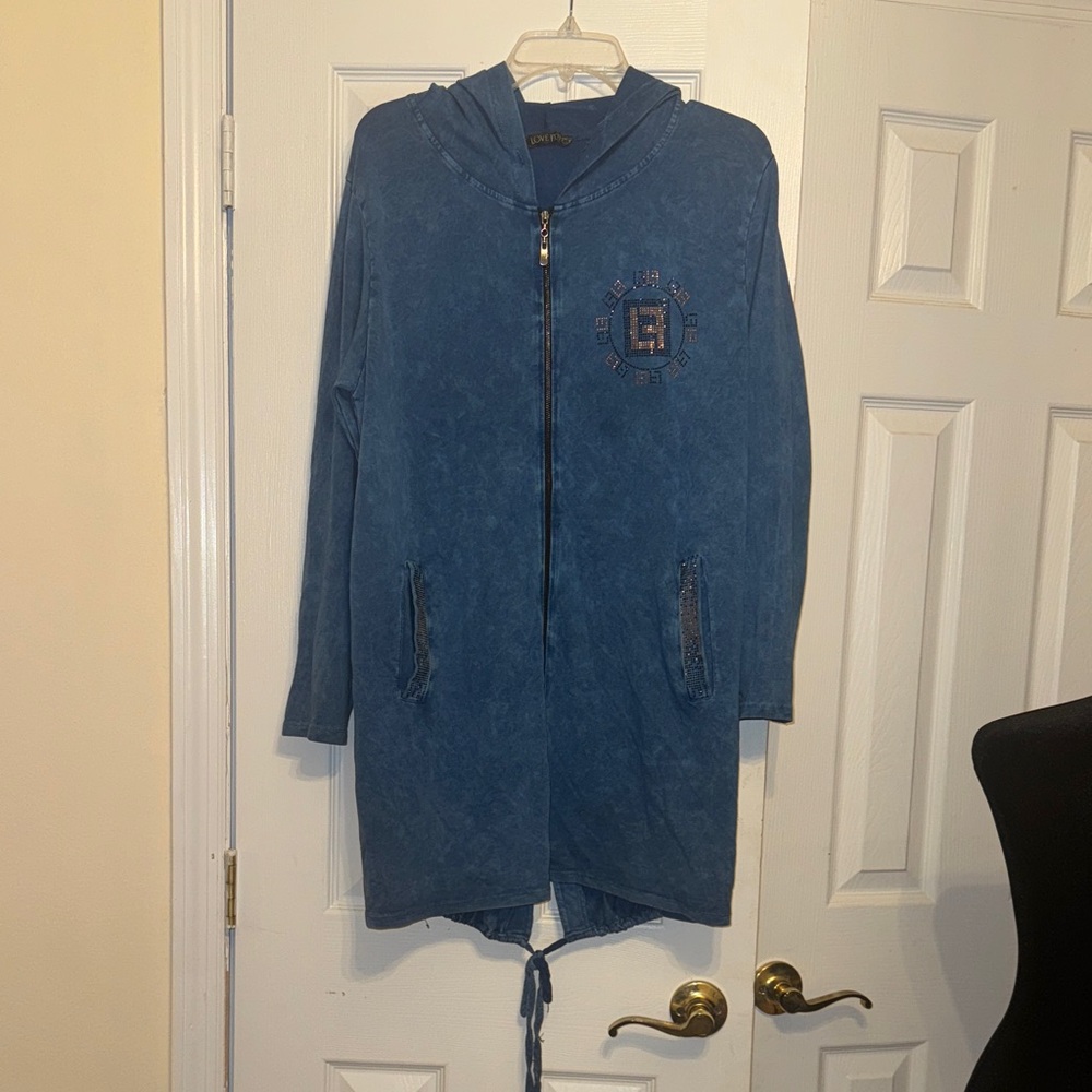 Blue Zip-Up Jacket with Rhinestone Design